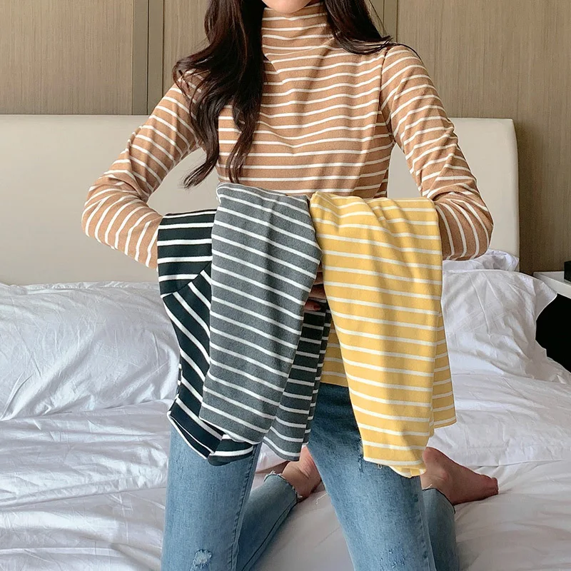 

2020 Winter Women Turtleneck Striped Long Sleeve T-shirt Velvet Korean Style Bottoming Shirt for Women Slim Leisure Warm Tops