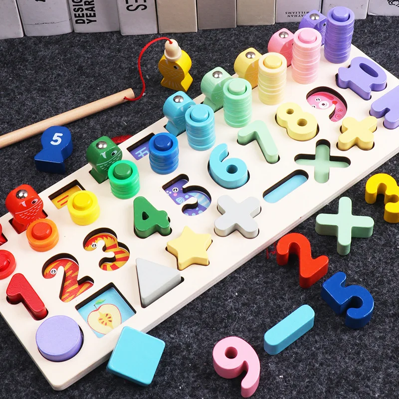 Детские обучающие игрушки, многофункциональная логарифмическая доска Монтессори, Обучающие деревянные игрушки для детей, деревянные Математические Игрушки - Цвет: fish Four in one