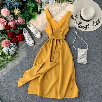 

Elnage Sexy Strap Dress Double V-neck Female Spring Summer Lace Up Slim Waist Solid A-line Sling Vestidos Retro Clothes 5A752