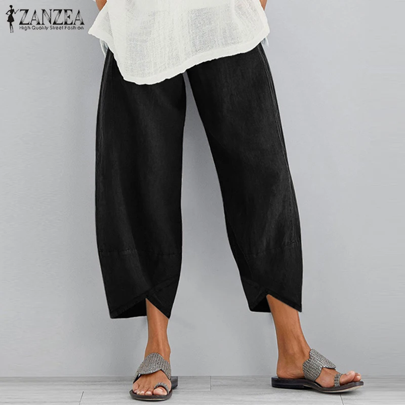 Женские брюки ZANZEA, винтажные укороченные штаны, повседневные, эластичная талия, Необычные панталоны, женские льняные брюки, большие размеры, Палаццо
