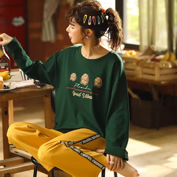 

Set Pj Set Woman Clothes Patchork New Soft Cartoon Printing Long Sleeve Long Pants Sleepwear Fashion Style Casual Style Pajamas