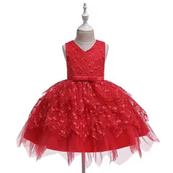 Robe de concours de mariage et d'anniversaire pour enfants, tenue Tutu de princesse en Tulle avec nœud, broderie de fleurs, pour bal 