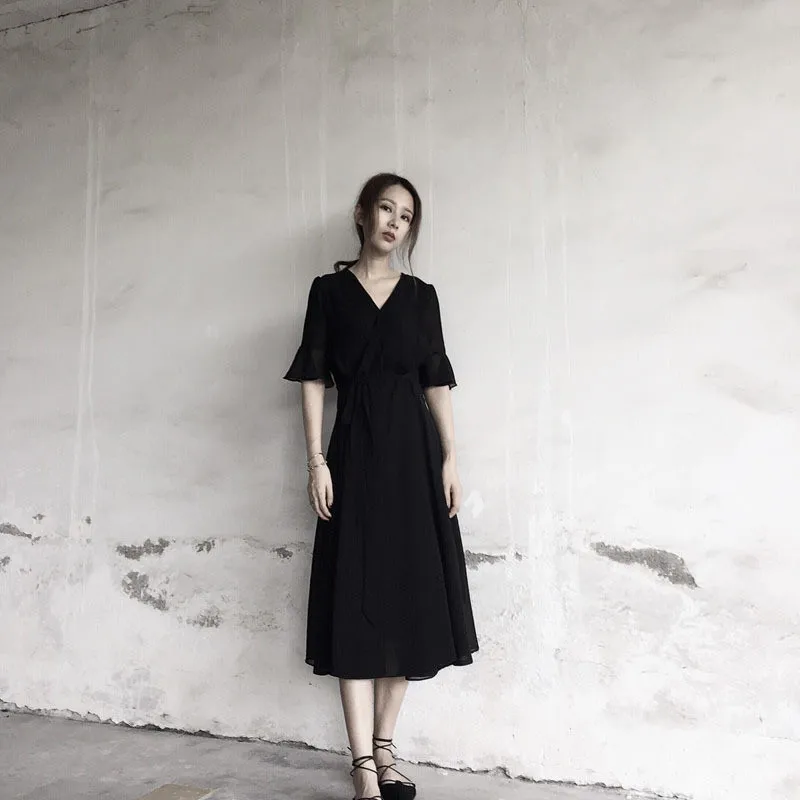 

Chiffon 2020 Fashion Black Dress Women V-Neck Sexy Summer Dresses Casual Slim Elegant Ladies Party Vestido Longo WXF942