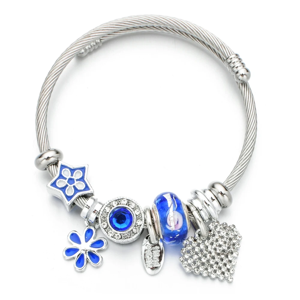 Women Stainless Steel Heart Flower Charms Bracelets Wire Cable Rhinestones Disco Ball Open Adjustable Cuff Bangle DIY Jewelry