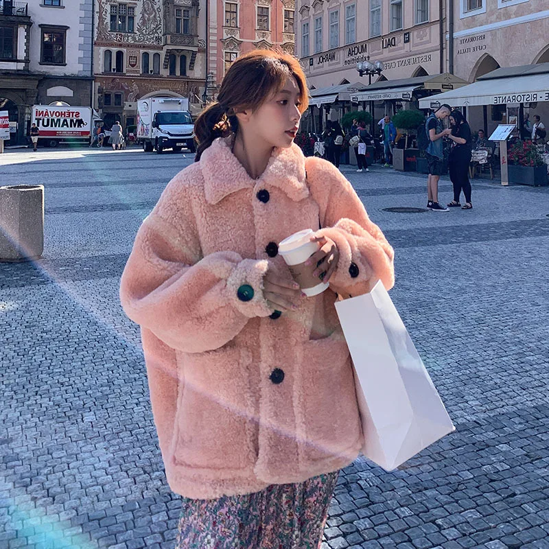 

Photo Shoot Pink Lambs Wool Coat Women's Mid-length Loose-Fit Korean-style Students Short Coat 2020 Winter New Style Fashion