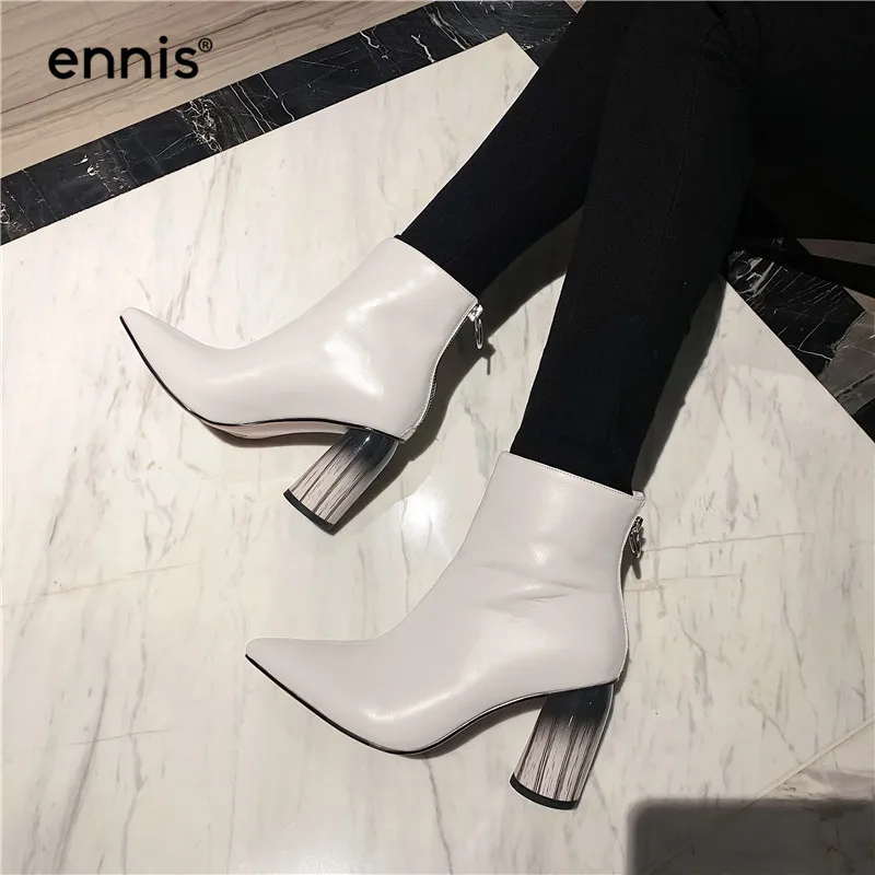 ENNIS Autumn Winter Women High Heel Boots Genuine Leather Pointed Boots Black Beige Designer Ankle Boots Ladies Shoes A9166