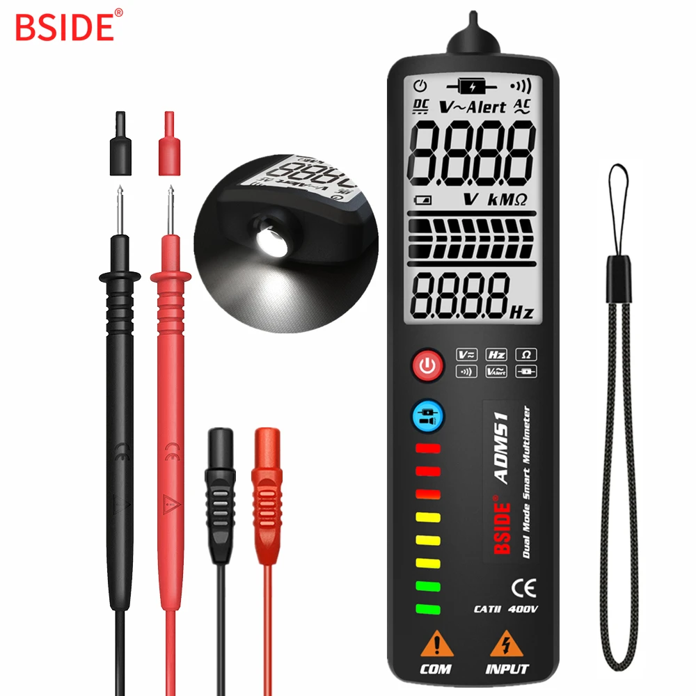 

BSIDE Curved Screen Multimeter ADMS1 Digital Voltage Tester 3-Line Display Voltmeter Ohm Hz with Analog Bar& 8 LED Indicator DMM
