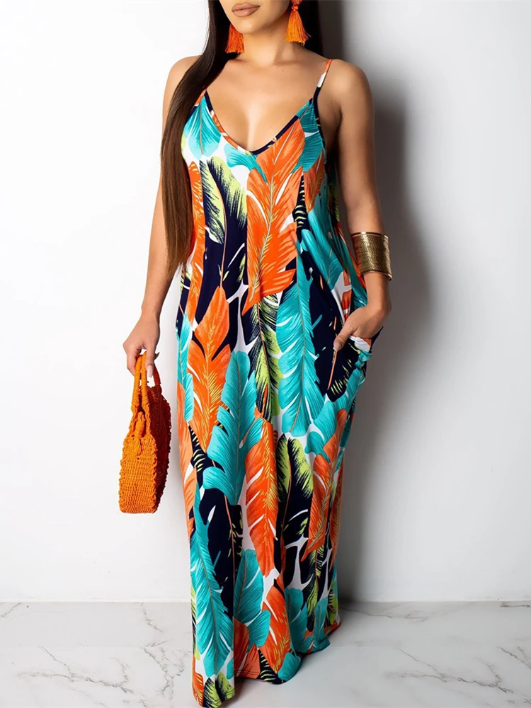 

2019 Women Elegant Fashion Boho Plus Size 2XL Long Party Dress V Neck Sexy Leaf Printed Spaghetti Strap Maxi Dress
