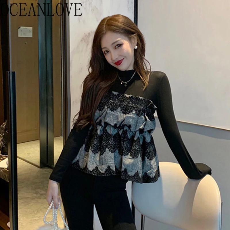 OCEANLOVE 2020 Fashion T Shirt Women Fake Two Pieces Pullovers Spring Long Sleeve Ruffles Korean Knitted Patchwork T-shirt 15309 | Женская