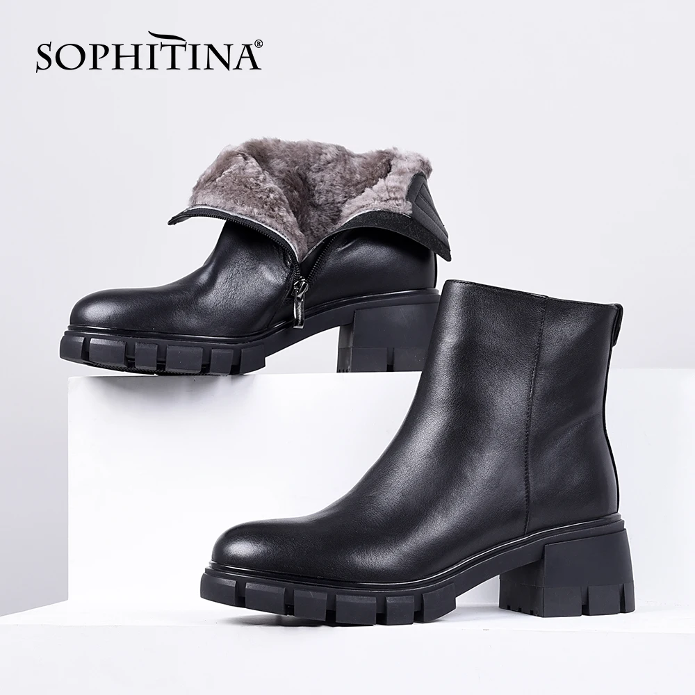 SOPHITINA Casual Women's Boots Genuine Leather Keep Warm Plush Round Toe Square Heel Ankle Convenient Zipper Shoes K166 | Обувь