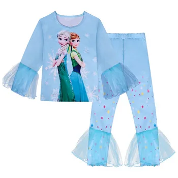 

Girl fashion cartoon clothes suit Elsa cute high quality soft shirt with pants casual sports suit girl baby suit princess