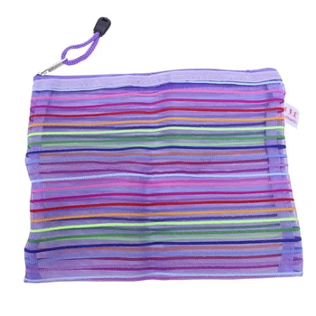 

Zipper nylon mesh purple stripe A5 documents, pen file pocket folder