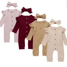 Осенний комплект одежды из 2 предметов для новорожденных и маленьких мальчиков и девочек, Вязаный комбинезон, костюмы с оборками и длинными рукавами, 4 цвета, на возраст 0-24 месяца