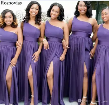 

Plus Size One Shoulder Bridesmaid Dresses 2020 Open Back Side Split Sweep Train Long Chiffon Wedding Guest Maid Of Honor Gowns