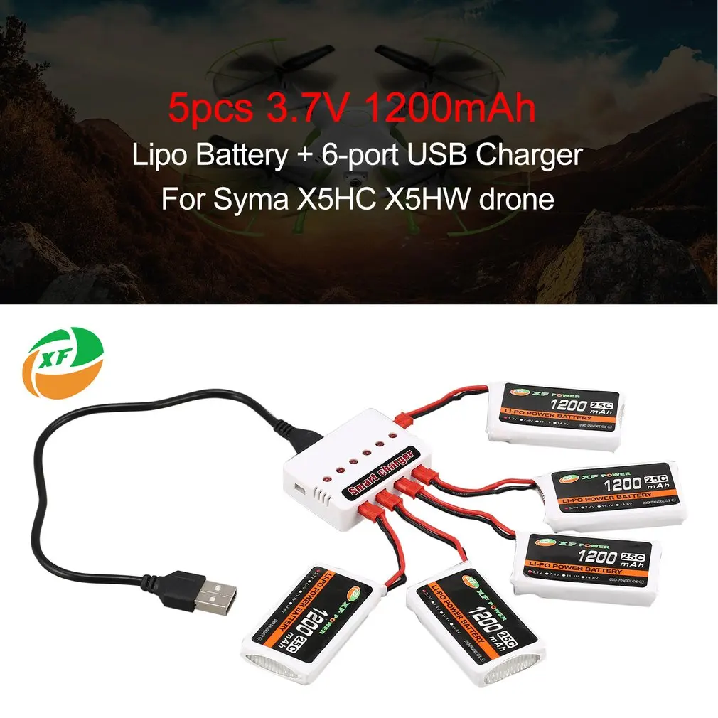 

5pcs XF POWER 3.7V 1200mAh 25C Lipo Battery JST Plug with 6-port USB Charger For Syma X5HC X5HW Drone Quadcopter