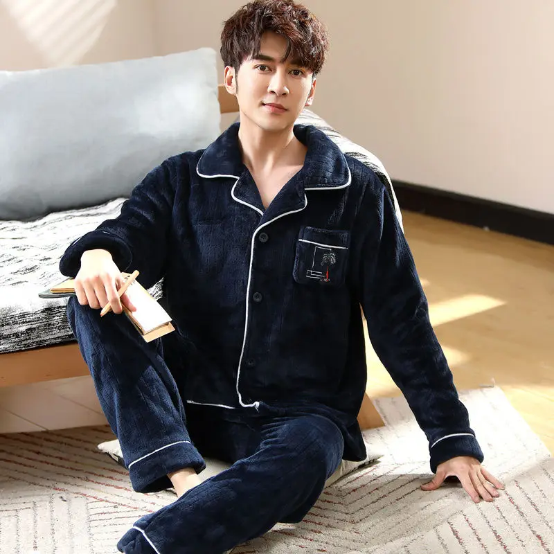Men pajamas Winter Flannel Pajama Set Thick casual Homewear warm sleepwear Night Men Pajamas Suit Sleepwear pijama mujer