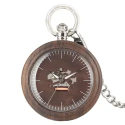 Простой дизайн деревянные часы Ретро Черное дерево кварцевые карманные часы цепь полый механизм светящиеся иглы часы мужские Relojes de bolsillo