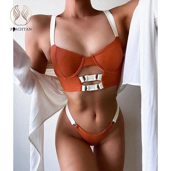 

Peachtan Push up bikini 2020 Hollow out swimwear female Color block swimsuit Brazilain thong bathing suit women bathers biquini
