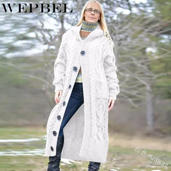

WEPBEL Womens Hooded Knit Sweater Women Autumn Winter Solid Cardigan Knitted Sweaters Long Ladies Coats Pull Femme Clothes