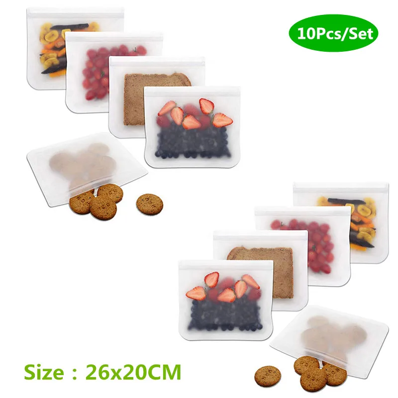 10 Pack Silicone Food Storage Bag Reusable Freezer Bag Zip lock Leakproof Top Fruits Food Fresh Bags Kitchen Organizer - Цвет: 10PCS 26x20cm