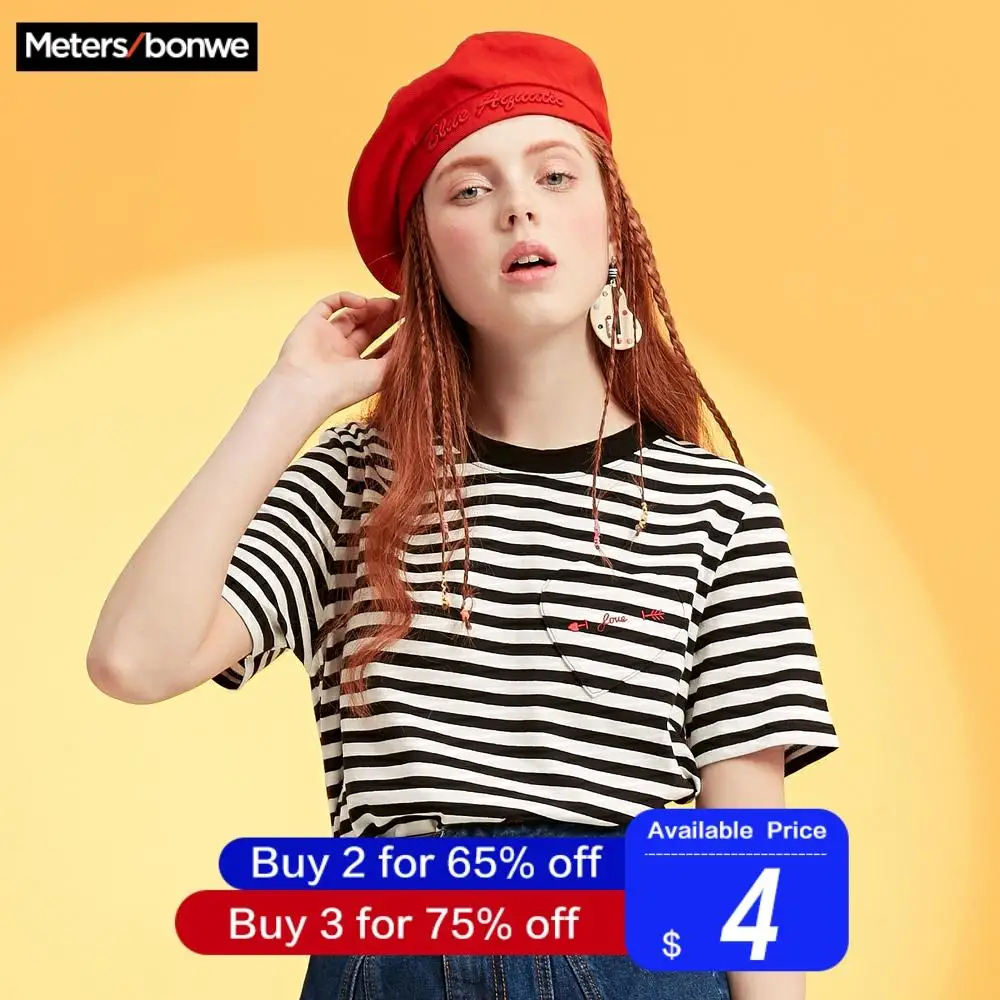 Metersbonwe новая хлопковая Harajuku Эстетическая футболка в полоску с коротким рукавом Топы И Футболки модные повседневные парные футболки