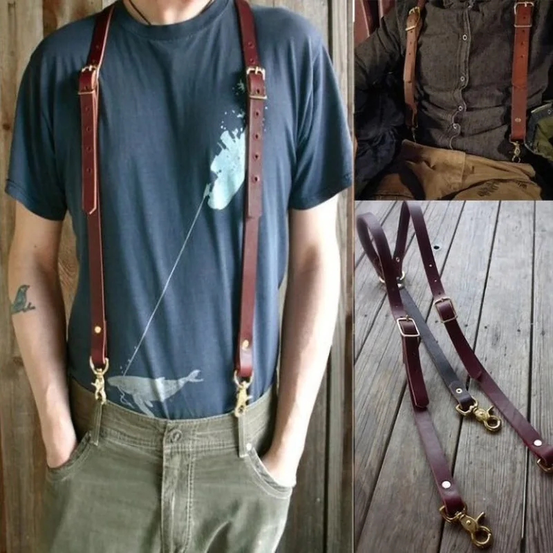 【韓国発】Vintage Suspenders Denim Pants Men Vintage Steampunk Y-Shape Leather Suspender For Jeans