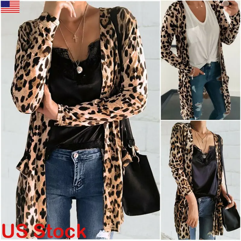 Women Cardigan,Ladies Leopard Printed Long Coat Casual Slim Open Front Jacket Outwear