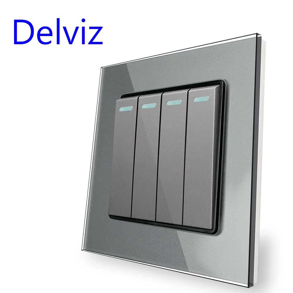 Delviz Toughened Glass Switch, Gray Crystal Panel 16A Wall Power Socket, AC 110V-250V 86mm*86mm, 1 Gang 2 Way Push Button Switch