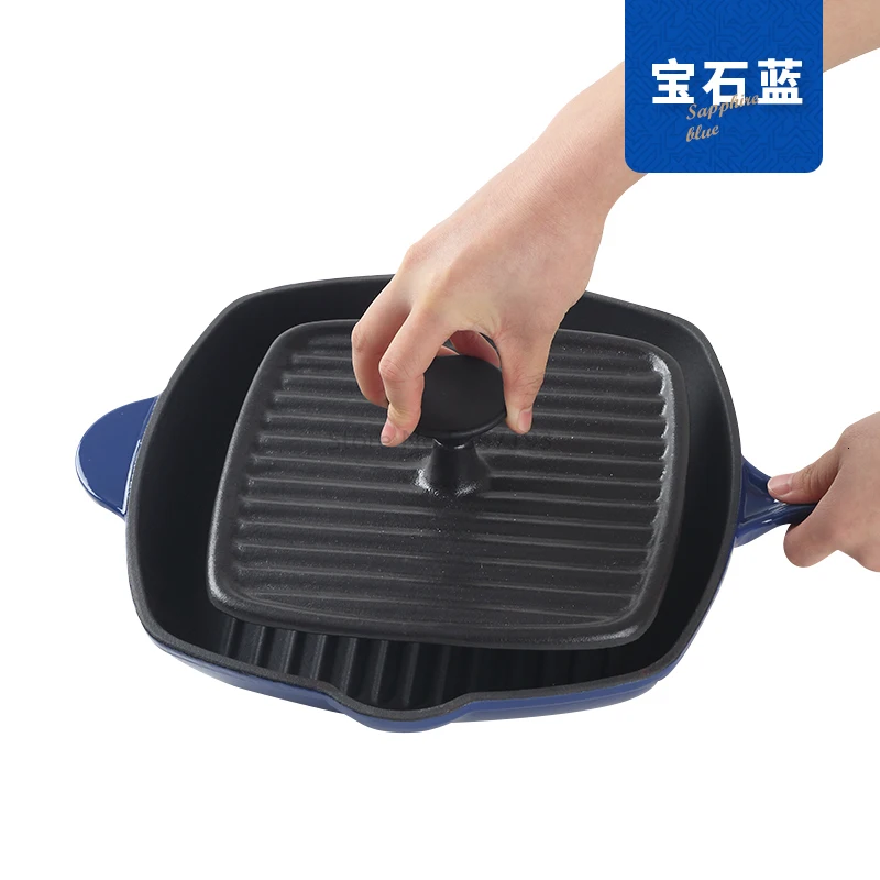 England LEBETE enamel cast iron steak frying pan square stripe steak special pan electromagnetic furnace uncoated physical - Color: White