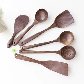 

2020 Hot Sale Vintage Wood Cooking Spoon Shovel Black Walnut Kitchenware Set Non-stick Pan Cooking Spoon Shovel Rice