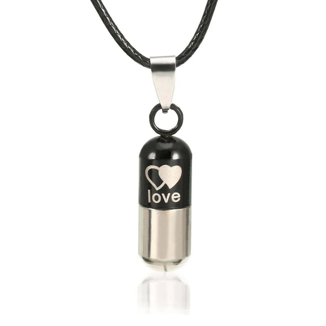 Classic Retro Unisex Metal Urn Cremation Love Pill Box Pendant Necklace Ash Holder Punk Leather Chain Keepsake Vintage Jewelry