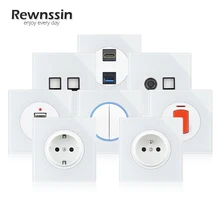 

Rewnssin EU/FR Socket Circle LED Switch High-Power Switch Charging Dual USB HDMI Data USB Outlet Internet Socket White Glass