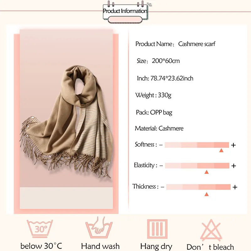 Двусторонний кашемировый шарф для женщин осень зима шейные шарфы толстые шали Wram обёрточная одноцветная полосатая Пашмина Femme Echarpe