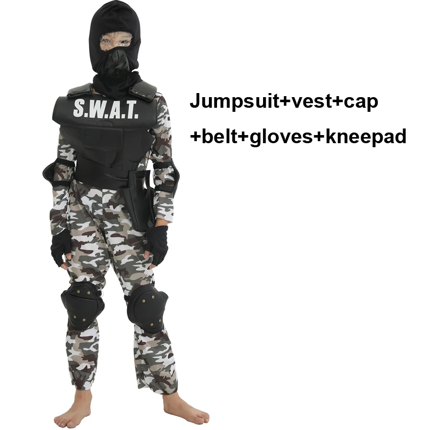 

Unisex Kid SWAT Clothing Set Kid Boy Halloween Carnival Long Sleeve Junpsuit+vest+cap+belt+gloves+kneepad 6pcs Policemen Costome