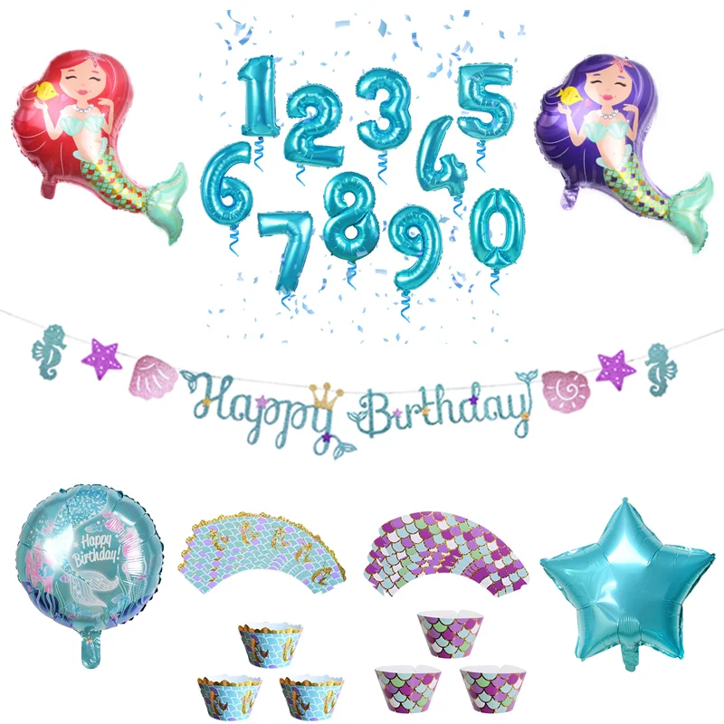 1 Набор вечерние шары Русалочки с декором в тему океана, баннер на день рождения, 32 дюйма, фольгированные шары с цифрами для детского душа, декоративные принадлежности