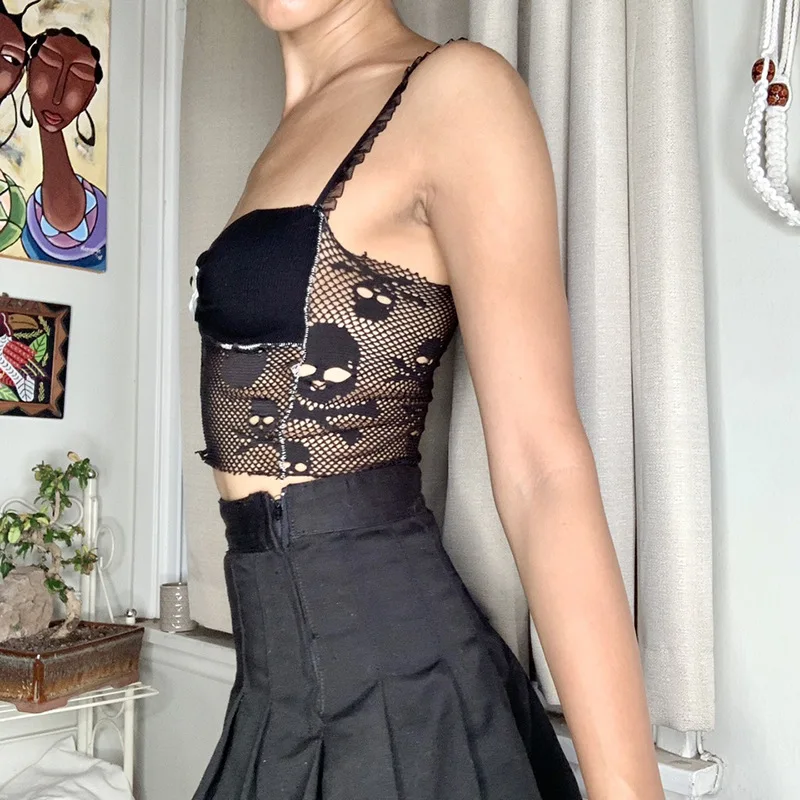 InsGoth Goth Sexy Lace Bodycon Black Camis Vintage Harajuku Spaghetti Strap Camisole Streetwear Backless See Through Crop Top