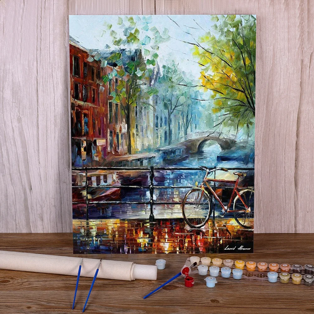 

Bicycle In Amsterdam DIY Painting By Numbers Complete Kit Acrylic Paints 50*70 Canvas Painting Home Decor Handicraft