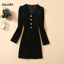 Vestido de terciopelo de manga larga con cuello en V para mujer, traje de estilo celebridad con estampado de lunares, cuentas de cristal y botones, moda de otoño e invierno, 2020