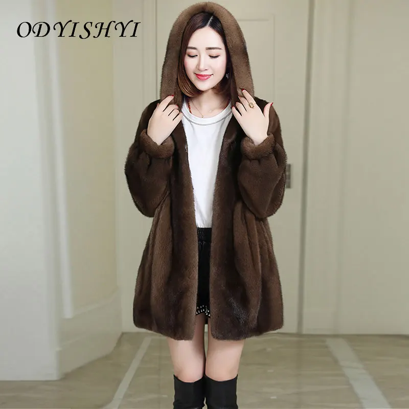 

New 2020 Autumn Winter Imitation Mink Velvet Overcoat Women Thick Warm Outwear Hooded Mid Length Faux Fur Coat Female Parka D369