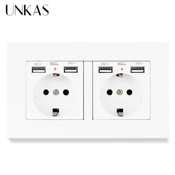 

UNKAS Gray PC Plastic Panel 2 Gang EU Standard Wall Socket With Charge Port Hidden Soft LED Indicator 146MM * 86MM Outlet