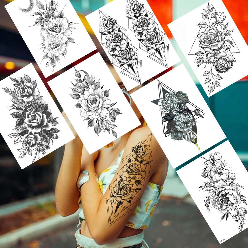 Геометрические Цветочные Временные татуировки Sitcker красивые поддельные розы лотоса пион татуировки для женщин девушек боди арт руки татуировки для вечерние