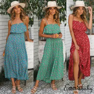 Женское длинное платье макси в стиле бохо, летнее пляжное платье с разрезом, пляжный Сарафан - изображение