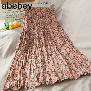 

New 2020 Summer High Waist Pleated Midi Skirt Ladies Big Swing Vintage A Line Skirt Women Red Flower Print Long Skirt