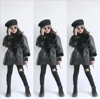 

2019 Korea style girls leather thicken coat with belt fashion winter girls coat 2-7t C362