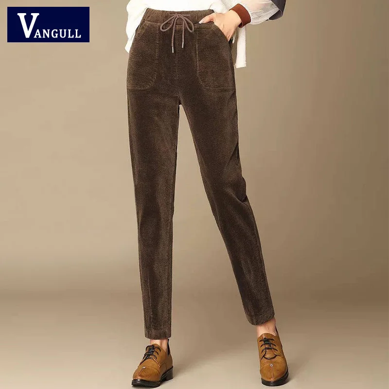 Vangull Corduroy Women High Waist Pants Autumn Winter Solid Elastic waist Trousers Cotton Casual Fashion Slim Pencil Pants