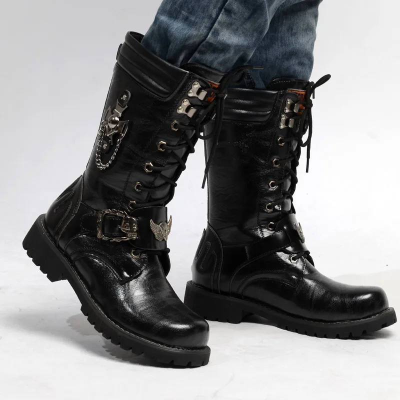 

Punk Rock Boots for Men Metal Buckle Chain Lace Up High Boot Mid-Calf Motorcycle Bot for Man Winter Army Combat Botas Hombre