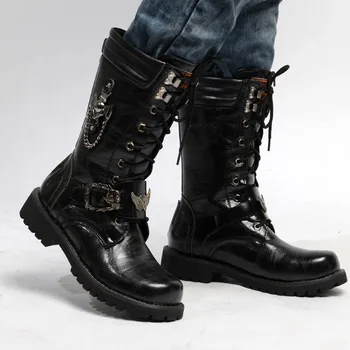 

Punk Rock Boots for Men Metal Buckle Chain Lace Up High Boot Mid-Calf Motorcycle Bot for Man Winter Army Combat Botas Hombre