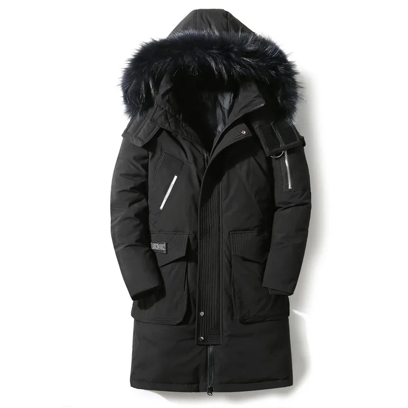 

White Duck Down Jackets Men Long Coats Warm Hooded Duck Down Coats Parkas Men Russian Fur Collar Outdoor Windproof Coats Men