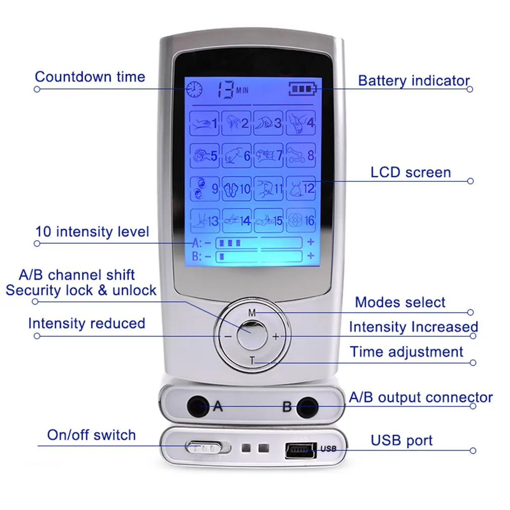

Pulse 16 mode tens massager meridian physiotherapy instrument charging digital multi-function massage acupuncture pad handheld
