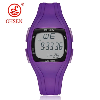 

2019 OHSEN Fashion Rectangle purple women Digital Sport Wrist watches LED Alarm Silicone Stopwatch Ladies Watch Gift